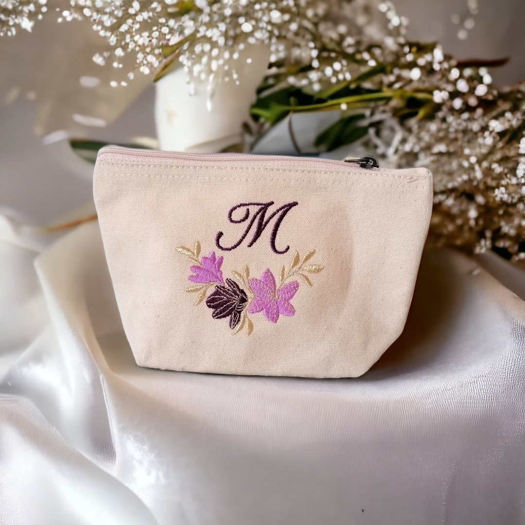 Pochette in cotone con motivo fiori e iniziale